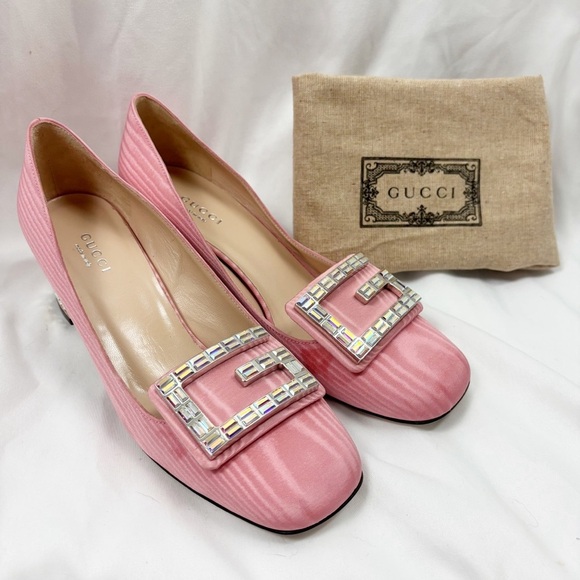 Gucci Madelyn Silk Moire Crystal G Block Heel Pump Pink EU 36.5 Designer - Picture 2 of 11